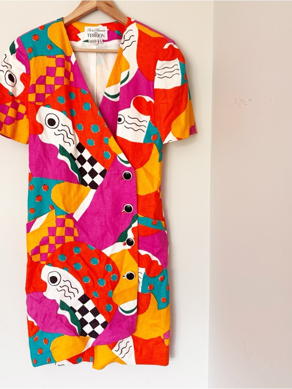 Vintage Rickie Freeman Teri Jon  Vibrant Print Button-Front linen Dress sz. 4